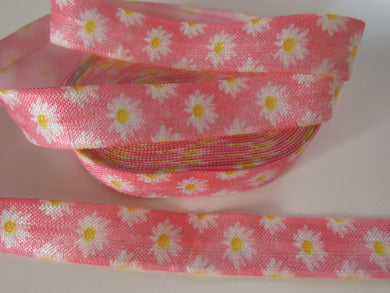 2m White Daisy on Pink Fold Over Elastic FOE Foldover elastic 15mm