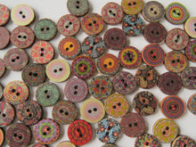 Load image into Gallery viewer, 50 Retro vintage 15mm buttons 2 holes- random mix of prints