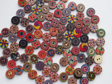 Load image into Gallery viewer, 50 Mixed Print retro vintage mixed print 15mm buttons 2 holes