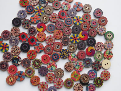 50 Mixed Print retro vintage mixed print 15mm buttons 2 holes