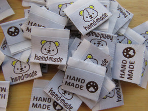 50 Bear Print Handmade and/or Bear Paw Handmade White woven labels 24x22mm