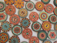 Load image into Gallery viewer, 100 Mixed Pattern Teal Orange Pink Retro Print buttons 25mm diameter