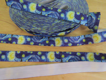 Load image into Gallery viewer, 5m Starry Night Yellow stars on Blue Fold over Elastic FOE Fold over elastic 15mm wide