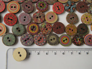 100 Retro vintage 15mm buttons 2 holes- random mix of prints