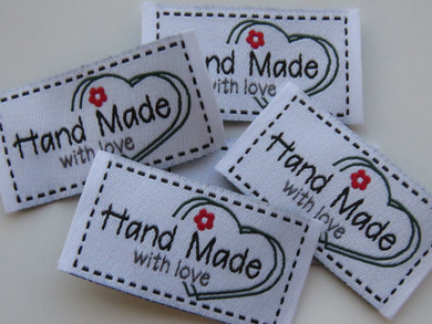 10 White  Big Heart and red Flower Handmade with Love labels 50x 25mm