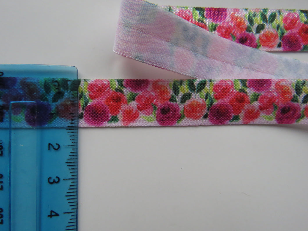 1m Pink and Purple roses floral printed Fold Over Elastic FOE Foldover 15mm
