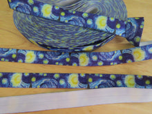 Load image into Gallery viewer, 1m Starry Night Yellow stars on Blue Fold over Elastic FOE Fold over elastic 15mm wide