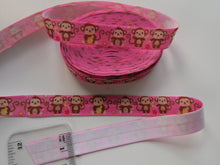 Load image into Gallery viewer, 4.7m Monkey with Curly Tail print on pink Fold over Foldover FOE elastic 15mm