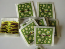 Load image into Gallery viewer, 50 Green Handmade with white folower print Woven Hand Made labels 34mm wide x 34mm high approx.