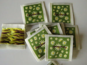 50 Green Handmade with white folower print Woven Hand Made labels 34mm wide x 34mm high approx.