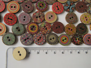 50 Retro vintage 15mm buttons 2 holes- random mix of prints