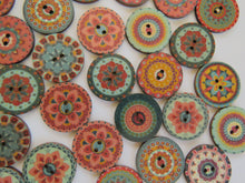 Load image into Gallery viewer, 100 Mixed Pattern Teal Orange Pink Retro Print buttons 25mm diameter