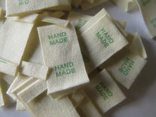 Load image into Gallery viewer, 25 Green Font Hand Made Smaller Cotton Flag Hand Made Labels-15mm x 15mm