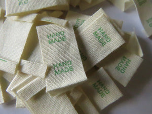 25 Green Font Hand Made Smaller Cotton Flag Hand Made Labels-15mm x 15mm