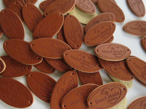 10 Oval Shape Hand Made with Love & flower and heart PU Leather Labels 30x 10mm