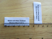 Load image into Gallery viewer, White 100% cotton labels- Made with New Zealand Merino Wool Fabric- sets of 10, 25, 50 or 100