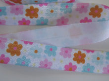 Load image into Gallery viewer, 4.7m Mixed colour daisy like flowers on whte background Fold Over Elastic FOE Foldover 15mm