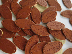50 Oval Shape Hand Made with Love & flower and heart PU Leather Labels 30x 10mm