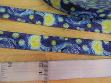 Load image into Gallery viewer, 5m Starry Night Yellow stars on Blue Fold over Elastic FOE Fold over elastic 15mm wide