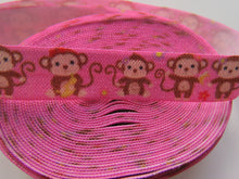 Load image into Gallery viewer, 4.7m Monkey with Curly Tail print on pink Fold over Foldover FOE elastic 15mm