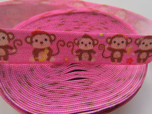 4.7m Monkey with Curly Tail print on pink Fold over Foldover FOE elastic 15mm