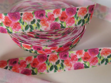 2m Crimson and Pink roses with green leaves printed Fold Over Elastic FOE Foldover elastic 15mm