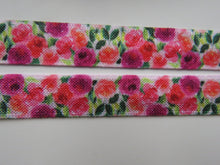 Load image into Gallery viewer, 1m Pink and Purple roses floral printed Fold Over Elastic FOE Foldover 15mm