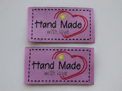 10 Pink  Big Heart and red Flower Handmade with Love labels 50x 25mm