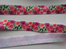 Load image into Gallery viewer, 1m Pink and Purple roses floral printed Fold Over Elastic FOE Foldover 15mm