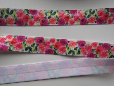 1m Pink and Purple roses floral printed Fold Over Elastic FOE Foldover 15mm