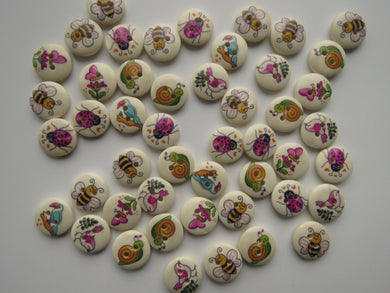 50 mixed print Bee, Bird, snail, ladybug, butterfly 15mm buttons