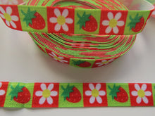 Load image into Gallery viewer, 4.7m Strawberry and Daisy Red and Green Squares print Fold over Foldover FOE elastic 15mm