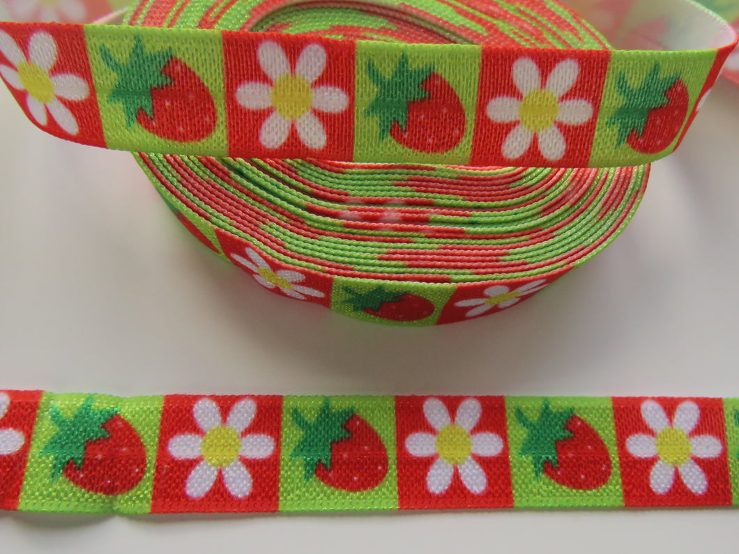 4.7m Strawberry and Daisy Red and Green Squares print Fold over Foldover FOE elastic 15mm