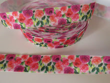 Load image into Gallery viewer, 2m Crimson and Pink roses with green leaves printed Fold Over Elastic FOE Foldover elastic 15mm