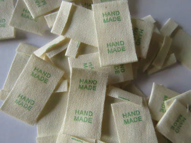 25 Green Font Hand Made Smaller Cotton Flag Hand Made Labels-15mm x 15mm