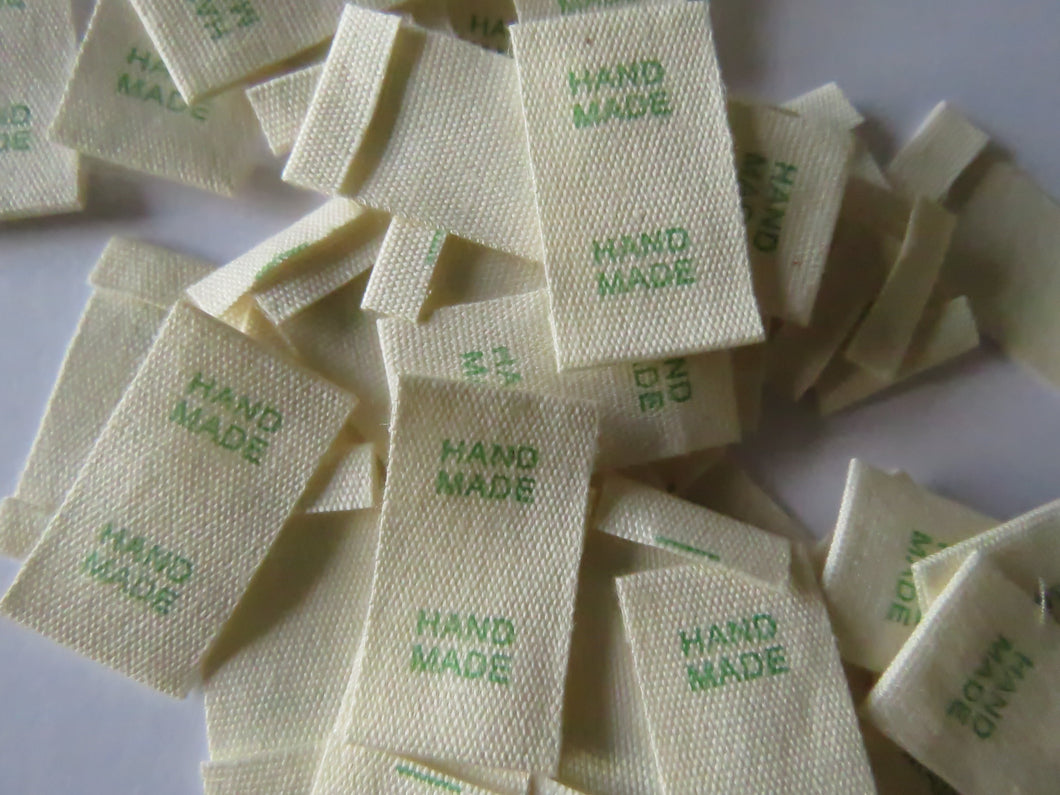 25 Green Font Hand Made Smaller Cotton Flag Hand Made Labels-15mm x 15mm