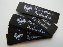 Load image into Gallery viewer, 10 Black with White Font Made with Love by Grandma 60mm x 15mm woven sewing labels