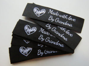 10 Black with White Font Made with Love by Grandma 60mm x 15mm woven sewing labels