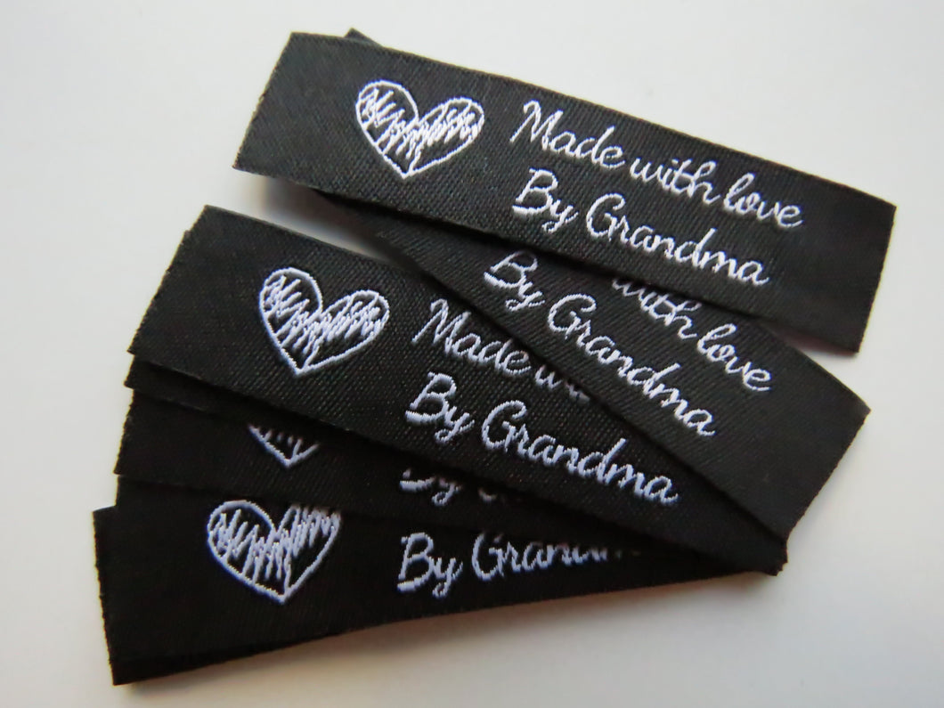 10 Black with White Font Made with Love by Grandma 60mm x 15mm woven sewing labels