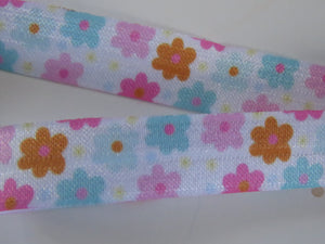 4.7m Mixed colour daisy like flowers on whte background Fold Over Elastic FOE Foldover 15mm