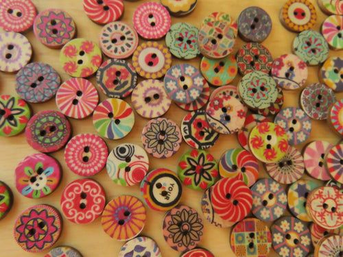 100 Mixed print floral, vintage, retro, spiral 15mm buttons  with 2 holes