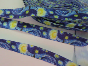 1m Starry Night Yellow stars on Blue Fold over Elastic FOE Fold over elastic 15mm wide