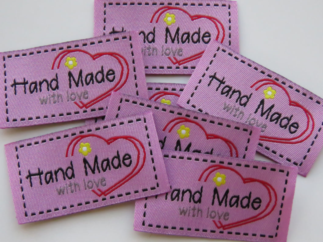 10 Pink  Big Heart and red Flower Handmade with Love labels 50x 25mm