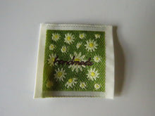 Load image into Gallery viewer, 50 Green Handmade with white folower print Woven Hand Made labels 34mm wide x 34mm high approx.