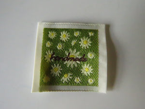 50 Green Handmade with white folower print Woven Hand Made labels 34mm wide x 34mm high approx.