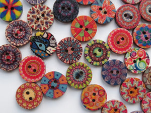 50 Mixed Print retro vintage mixed print 15mm buttons 2 holes