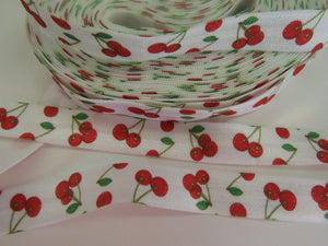 1m Red Cherry print on white Fold over Elastic FOE Fold over elastic 15mm wide