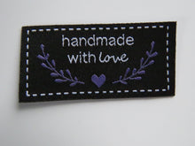 Load image into Gallery viewer, 10 Black Handmade with Love in white font labels with heart and branches in purple 50mm wide x 25mm high