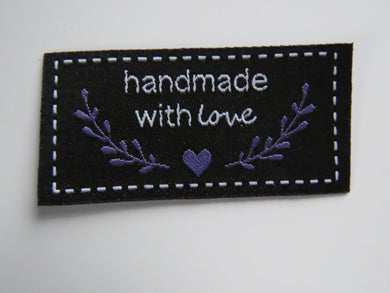 10 Black Handmade with Love in white font labels with heart and branches in purple 50mm wide x 25mm high
