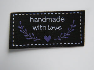 10 Black Handmade with Love in white font labels with heart and branches in purple 50mm wide x 25mm high